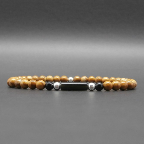 Bracelet fin homme, stretch, pierres gemmes, onyx, jaspe bois, tube agate noire, argent sterling ø 4 mm r835