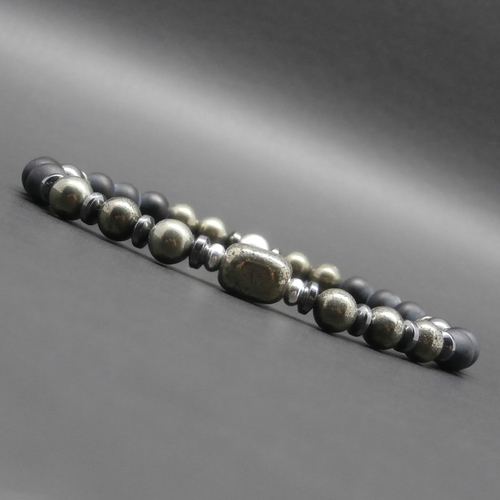 Bracelet homme, stretch, nugget en pyrite, pierres gemmes, hématite, onyx noir mat, perles en argent ø 6 mm r644