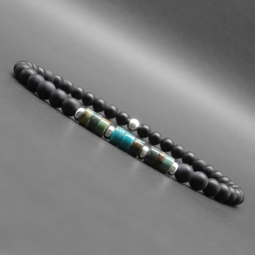 Bracelet fin homme gemmes heishi de turquoise naturelle onyx perles en argent 