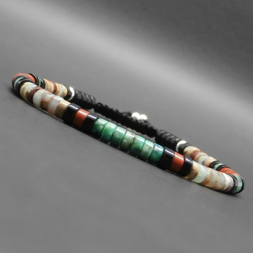 Bracelet fin homme, tressé, gemmes heishi turquoise africaine, jaspe impression, jaspe rouge, onyx, perles en argent 925 ø 4 mm r623