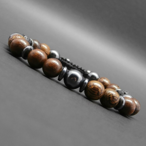 Bracelet homme, tressé, pierres gemmes, pierre de lave, hématite, perles en bois robles ø 8 mm r516
