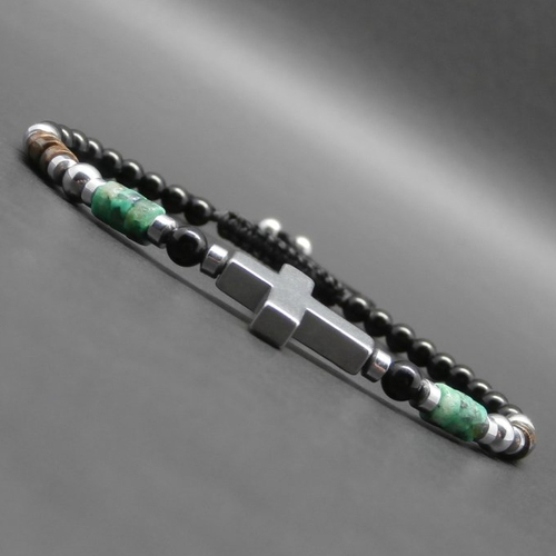 Bracelet fin tressé, pierres gemmes, croix en hématite argentée, heishi turquoise africaine, bronzite onyx ø 4 mm r476