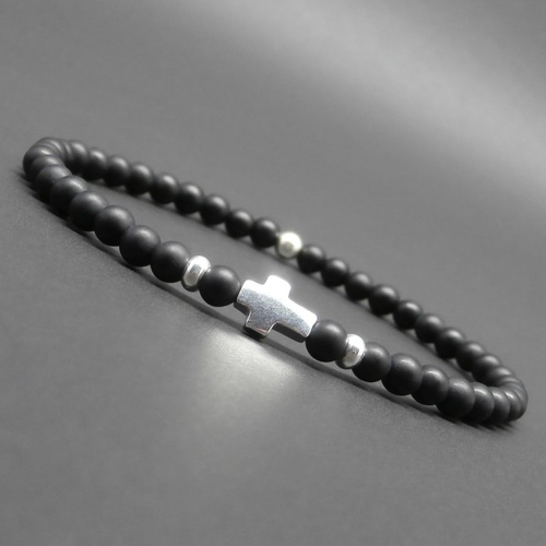 Bracelet fin homme, stretch, minimaliste, croix et perles en argent sterling, pierres gemmes, onyx mat ø 4 mm r919