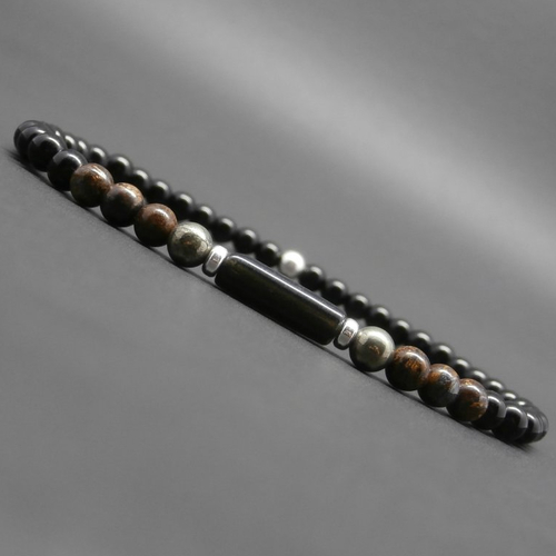 Bracelet fin homme, minimaliste, pierres gemmes, tube en onyx, bronzite, pyrite, onyx, perles en argent ø 4 mm r790
