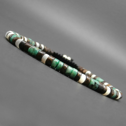 Bracelet fin homme, tressé, pierres gemmes, heishi de bronzite, turquoise africaine, nacre, perles en argent ø 4 mm r697