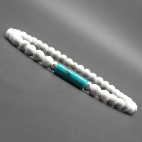 Bracelet fin homme, minimaliste, pierres gemmes, howlite blanche, tube en howlite turquoise, perles en argent ø 4 mm r899