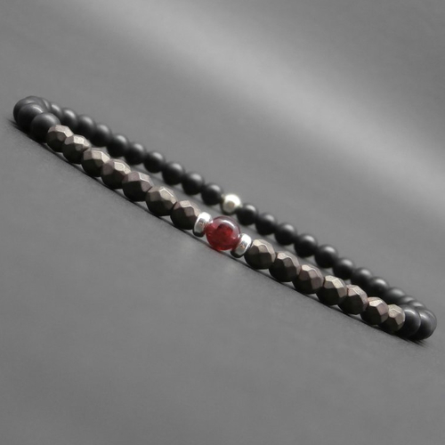Bracelet fin homme, minimaliste, pierres gemmes, hématite bronze facettée, grenat, onyx mat, perles en argent ø 4 mm r818