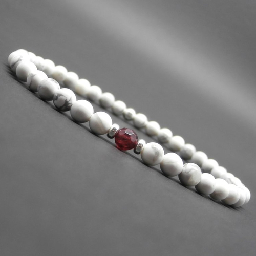 Bracelet fin homme, minimaliste, pierres gemmes, howlite blanche, grenat facetté et perles en argent ø 4 mm r809