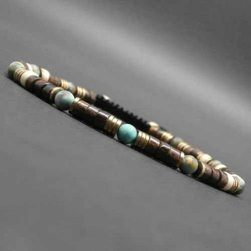 Bracelet fin, pierres gemmes, turquoise africaine mate, heishi de bronzite, howlite ivoire, hématite dorée vieillie ø 4 mm r322