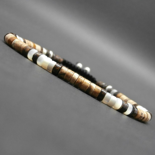 Bracelet fin homme, pierres gemmes, heishi en jaspe paysage, nacre, bronzite, perles en argent ø 4 mm r956