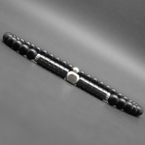 Bracelet fin homme, minimaliste, pierres gemmes, rondelles en hématite, onyx mat, perles en argent sterling ø 4 mm r706
