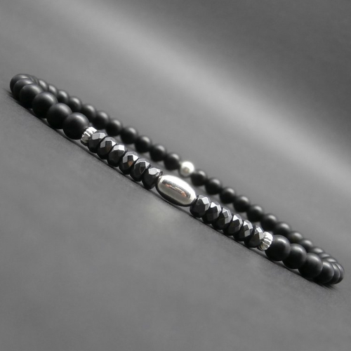 Bracelet fin homme, minimaliste, pierres gemmes, hématite facettée, onyx mat, perles en argent sterling ø 4 mm r704