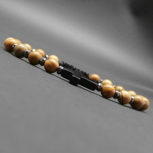 Bracelet homme tressé, pierres gemmes, croix en onyx, jaspe bois mat, rondelles facettées en hématite ø 6 mm r302