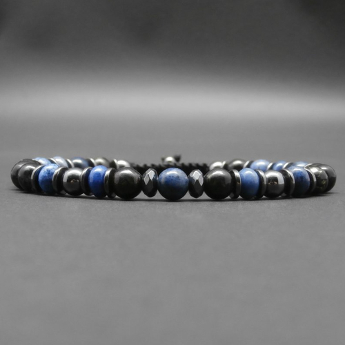 Bracelet homme tressé, pierres naturelles, astrophyllite, dumortiérite, perles et heishi en hématite ø 6 mm r504