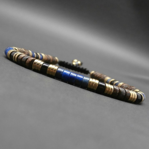 Bracelet homme tressé, pierres gemmes, heishi de lapis lazuli naturel, agate noire, bronzite, hématite dorée ø4 mm r425
