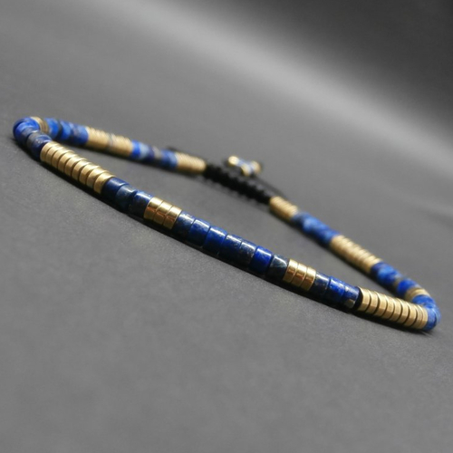 Bracelet ultra fin, minimaliste, pierres gemmes, heishi de lapis lazuli naturel et hématite dorée vieillie ø3 mm r435