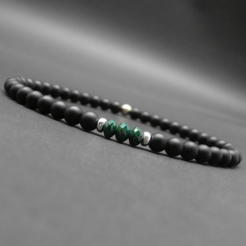Bracelet fin homme, minimaliste, pierres gemmes, malachite naturelle, onyx mat, perles en argent sterling ø 4 mm r941