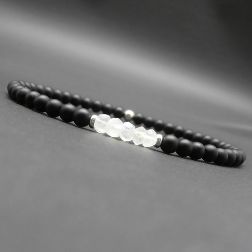 Bracelet homme, bracelet minimaliste, pierres gemmes, pierre de lune, onyx mat, perles en argent sterling ø 4 mm r967
