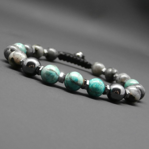Bracelet homme, tressé, pierres gemmes, agate crasy, labradorite noire, rondelles et perles en hématite ø8 mm r543