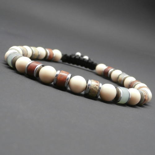 Bracelet homme tressé, pierres gemmes, bois fossilisé couleur ivoire, heishi en jaspe naturel et hématite argentée ø6 mm r586