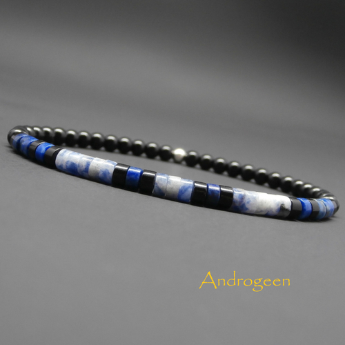 Bracelet fin homme, stretch, pierres gemmes, heishi de jaspe bleu, lapis lazuli naturel, onyx, perles en argent sterling ø4 mm r259