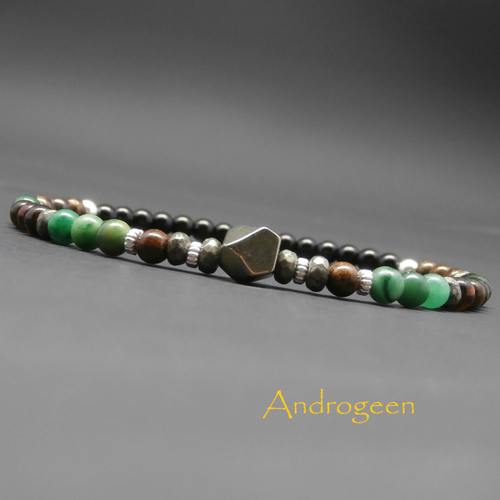 Bracelet fin homme, stretch, pierres gemmes, nugget en pyrite, bronzite, jade africain, dravite, perles en argent sterling ø4 mm r253