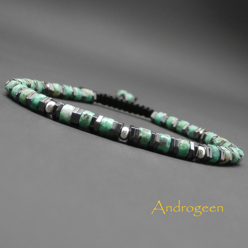 Bracelet fin homme, pierres gemmes, heishi de turquoise africaine, hématite, rondelles en argent sterling ø4 mm r264