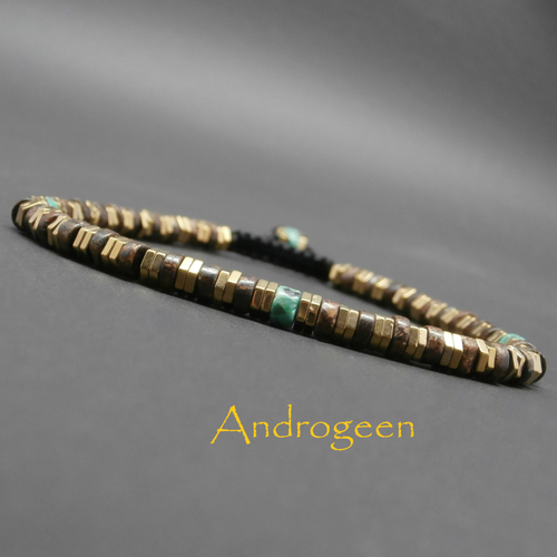 Bracelet fin homme, pierres gemmes, heishi de bronzite, turquoise africaine, hématite dorée ø4 mm r610