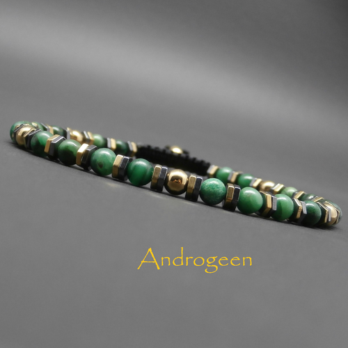 Bracelet fin, tressé, pierres gemmes, jade africain, hématite, perles et rondelles en hématite dorée ø4 mm r273