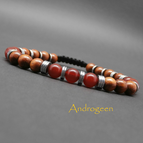 Bracelet tressé homme, perles en bois bayong, pierres gemmes, agate rouge, heishi en hématite argentée ø6 mm r281