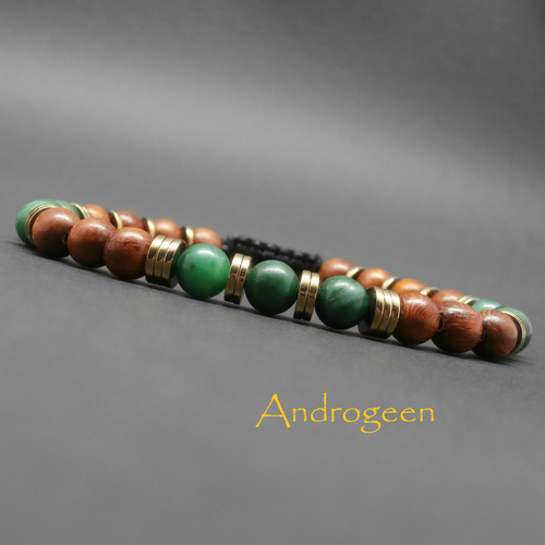 Bracelet homme tressé, pierres gemmes, jade africain, heishi en hématite dorée et perles en bois bayong ø6 mm r280