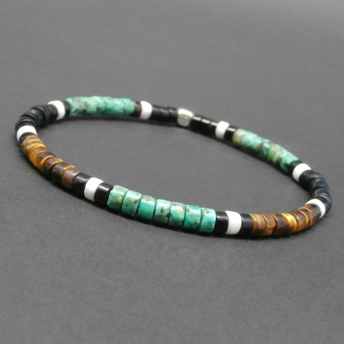 Bracelet Homme Gemmes - Bronzite, Turquoise, Jaspe, Pyrite - Taille Ajustable - Neuf Avec étiquette