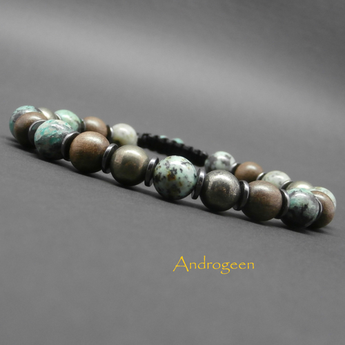 Bracelet homme tressé, pierres naturelles, turquoise africaine, pyrite, hématite, perles en bois gris ø8 mm r500