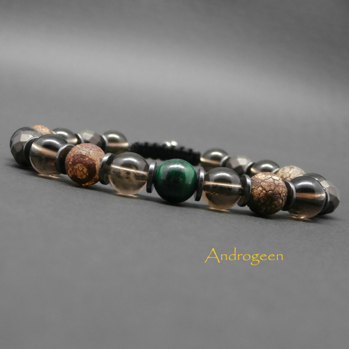 Bracelet homme, pierres gemmes, malachite, agate naturelle vieillie dzi, quartz fumé, hématite et hématite bronze facettée ø8 mm r591