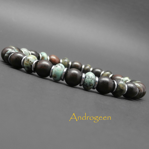 Bracelet homme stretch, pierres gemmes, rondelles en turquoise africaine, perles en bois d'ébène, hématite argentée ø8 mm r244