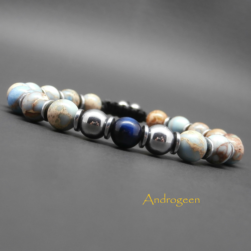 Bracelet homme, pierres naturelles, jaspe impérial bleu, oeil de tigre bleu, hématite argentée ø8 mm r503