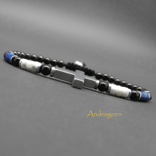 Bracelet fin homme, pierres gemmes, howlite blanche, lapis lazuli, agate noire, croix en hématite argentée ø4 mm r480
