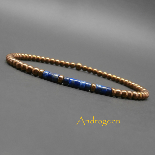 Bracelet ultra fin, minimaliste, heishi en lapis lazuli naturel, pierres gemmes, hématite cuivrée ø3 mm r162