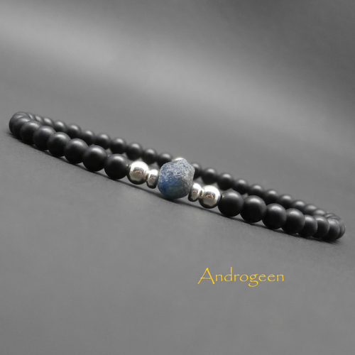 Bracelet fin homme, minimaliste, saphir brut, pierres gemmes, onyx mat, perles en argent sterling ø4mm r153