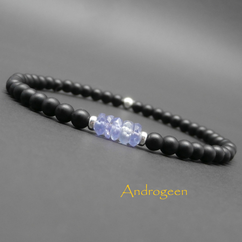 Bracelet fin homme, minimaliste, pierres gemmes, tanzanite, onyx mat, perles en argent sterling ø4 mm r166