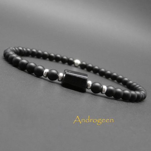 Bracelet fin homme, stretch, minimaliste, pierres gemmes, hyperstène, onyx noir mat, perles en argent sterling ø4 mm r181