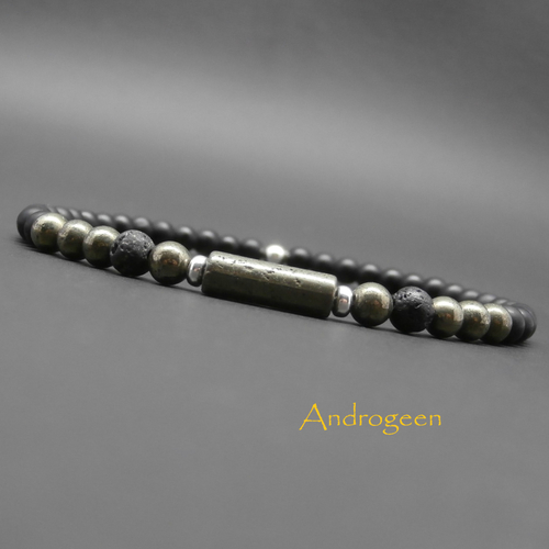 Bracelet fin homme, pierres gemmes, onyx noir mat, pierre de lave, tube arrondi en pyrite, perles en argent sterling ø4 mm r174