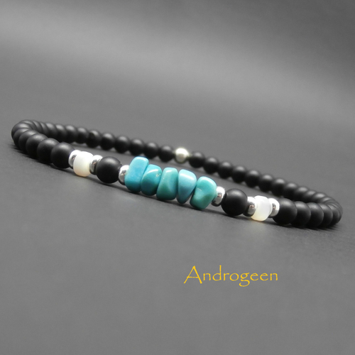Bracelet minimaliste, pierres gemmes, turquoise, nacre, onyx noir mat, perles en argent sterling ø4 mm r171