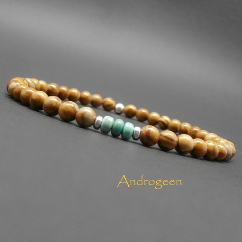 Bracelet minimaliste, pierres gemmes en jaspe bois, turquoise naturelle et perles en argent sterling ø4 mm r169