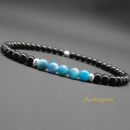 Bracelet homme, minimaliste, pierres gemmes, apatite, agate noire, argent sterling ø4 mm r151