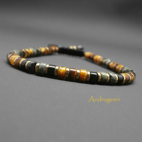Bracelet heishi homme, pierres gemmes, oeil de tigre, jaspe kambala, agate noire,  hématite dorée ø4 mm r184