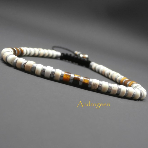Bracelet heishi homme, pierres naturelles, howlite couleur ivoire, oeil de tigre et hématite argentée ø4 mm r126