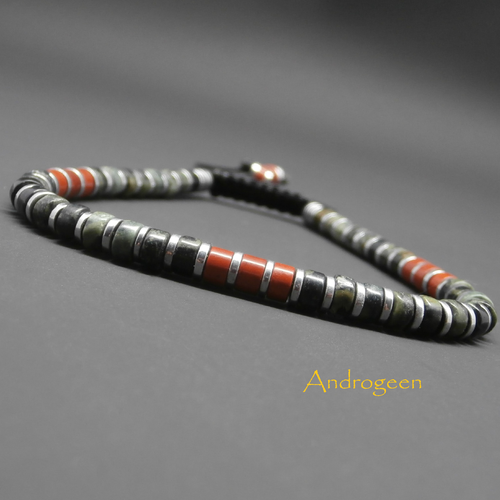 Bracelet heishi fin homme, pierres gemmes, jaspe kambala, jaspe rouge, hématite argentée ø4 mm r129