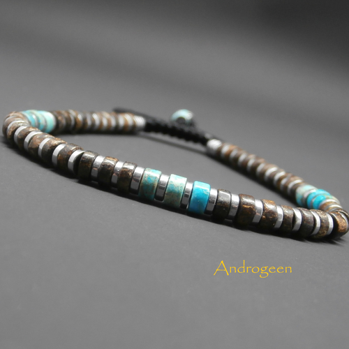 Bracelet homme heishi, pierres gemmes, bronzite, jaspe impression turquoise, hématite argentée ø4 mm r130