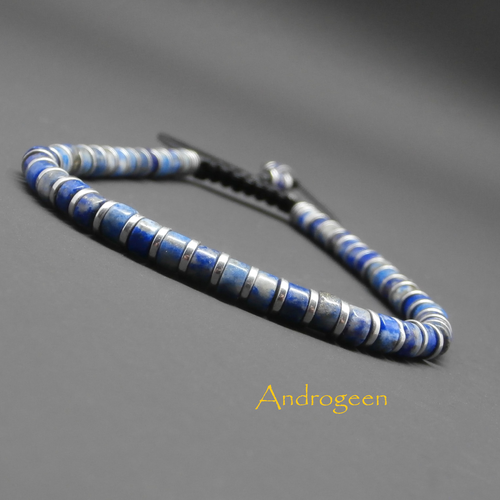 Bracelet heishi homme, pierres gemmes, lapis-lazuli et hématite argentée ø4 mm r128